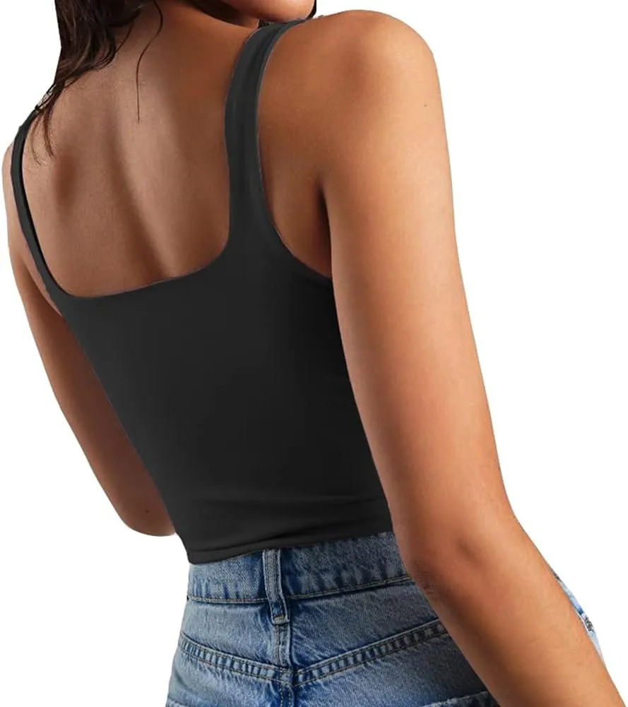 Artfish Women's Sleeveless Strappy Tank Square Neck Double Layer Workout Fitness Casual Basic Crop Tops