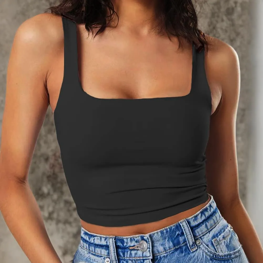Artfish Women's Sleeveless Strappy Tank Square Neck Double Layer Workout Fitness Casual Basic Crop Tops