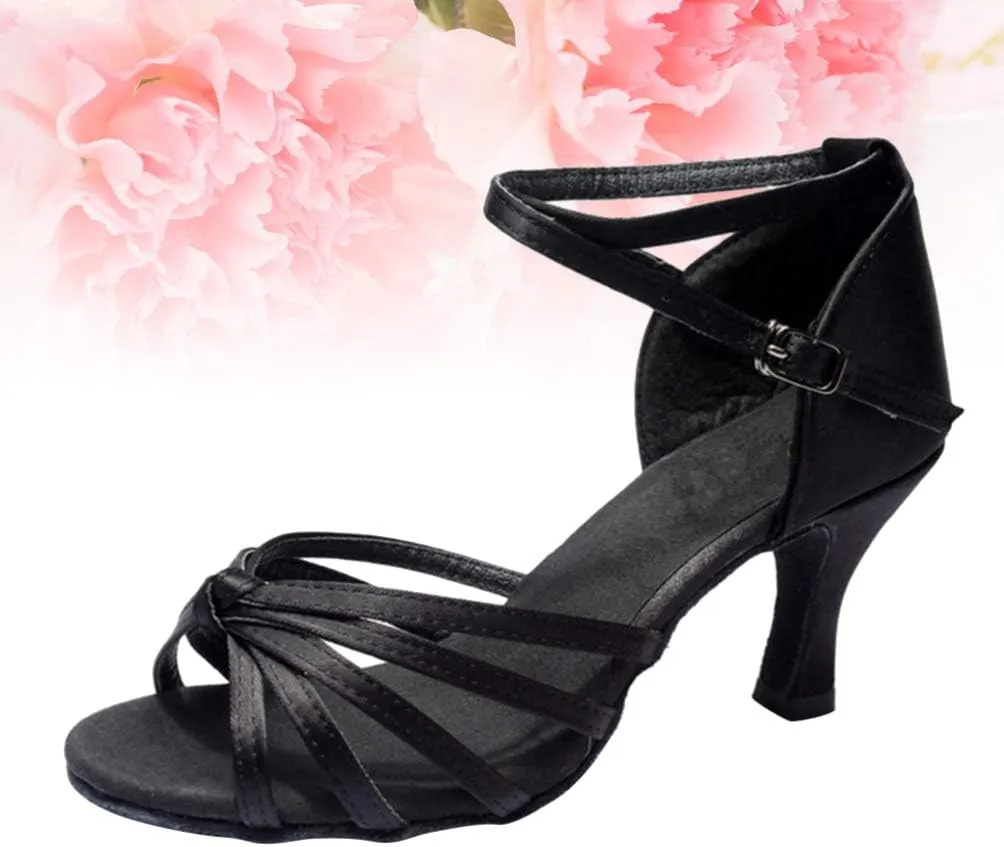 ARTIBETTER Black Satin High Heels Dance Shoes for Women Latin Dance Heels Knotted Straps Size 36