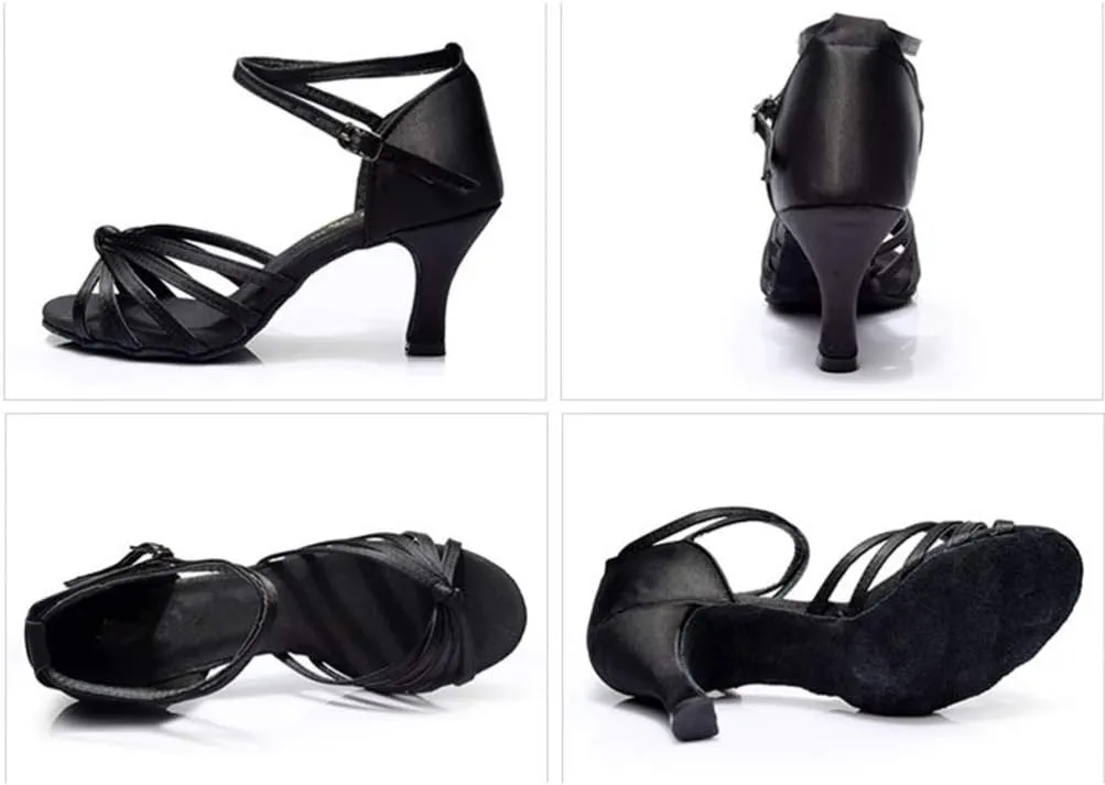 ARTIBETTER Black Satin High Heels Dance Shoes for Women Latin Dance Heels Knotted Straps Size 36