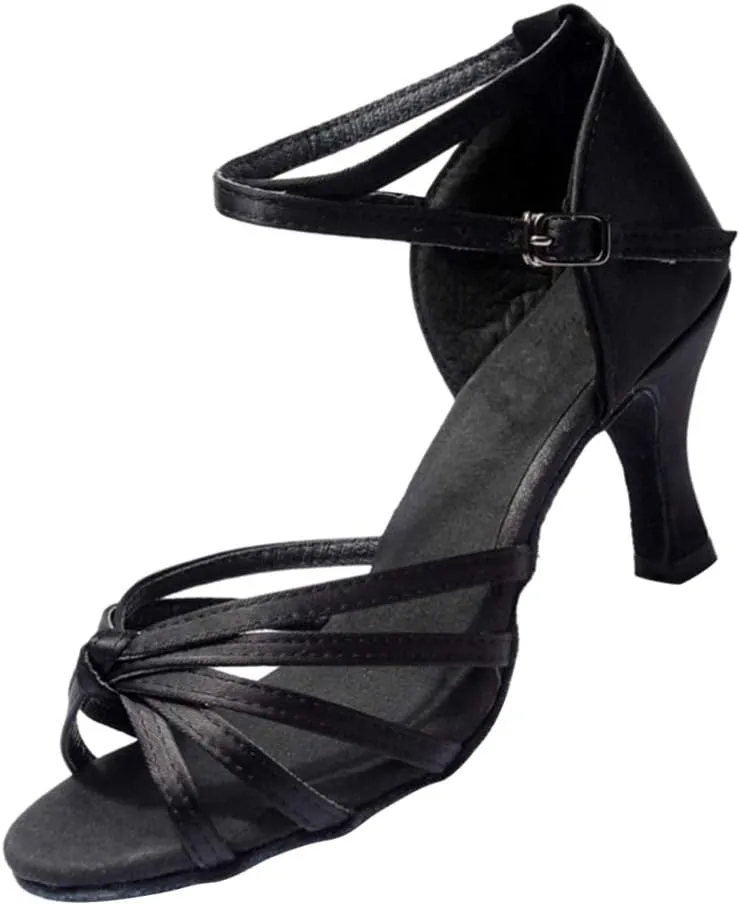 ARTIBETTER Black Satin High Heels Dance Shoes for Women Latin Dance Heels Knotted Straps Size 36