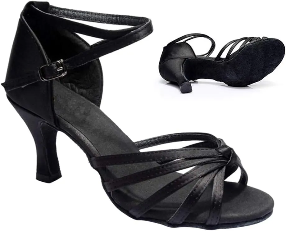 ARTIBETTER Black Satin High Heels Dance Shoes for Women Latin Dance Heels Knotted Straps Size 36