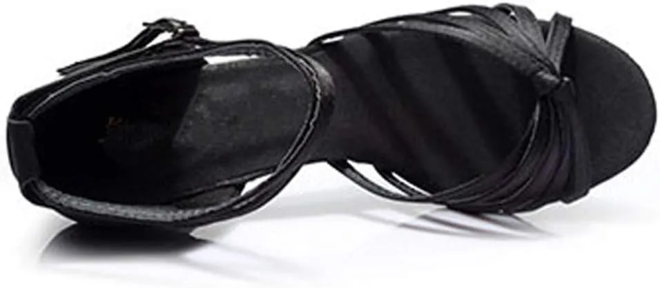 ARTIBETTER Black Satin High Heels Dance Shoes for Women Latin Dance Heels Knotted Straps Size 36