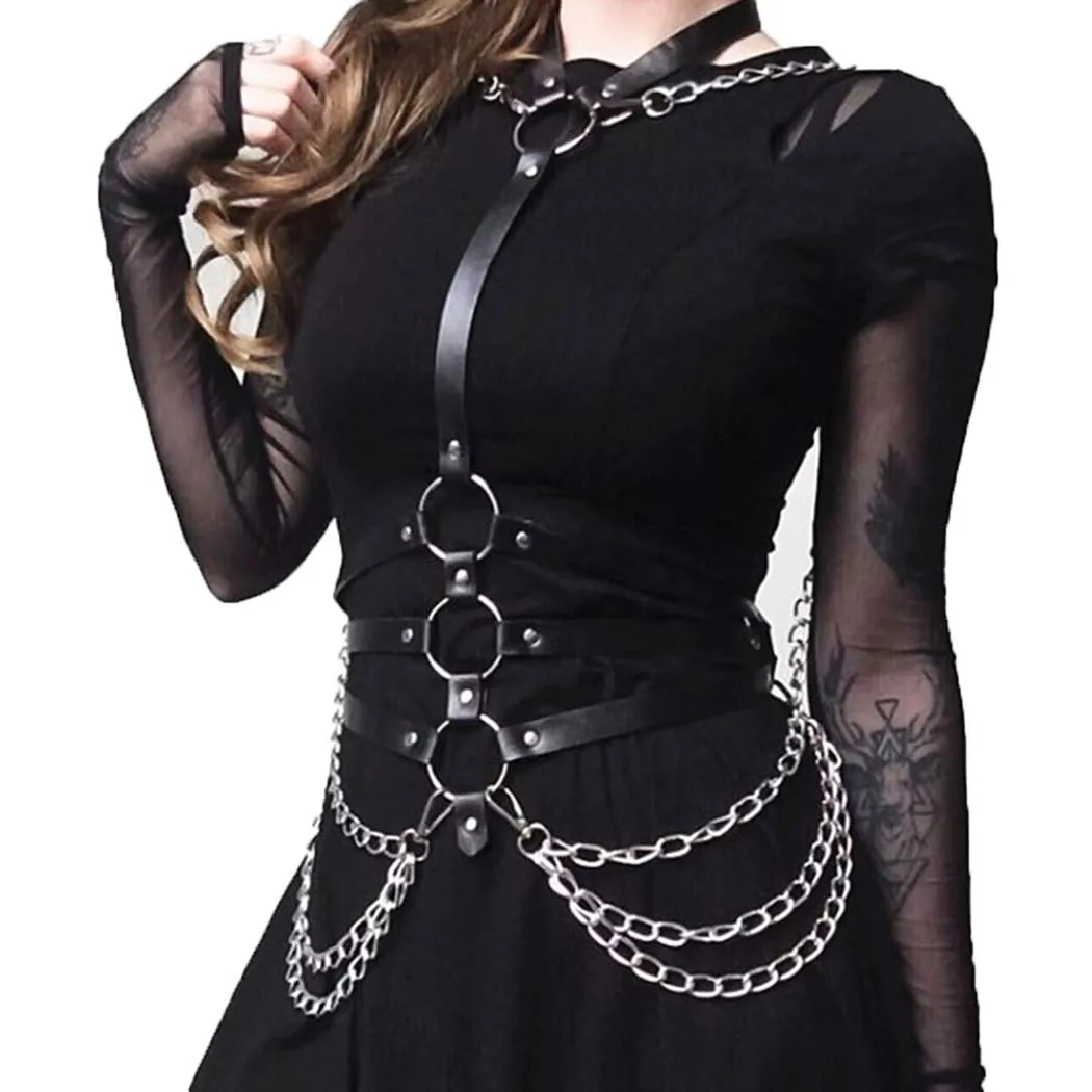Asooll Punk Leather Body Chains Tassel Black Waist Belt Chain Beach Body Chain Bra Fashion Harness Charm Body Accessories Jewelry for Women and Girls