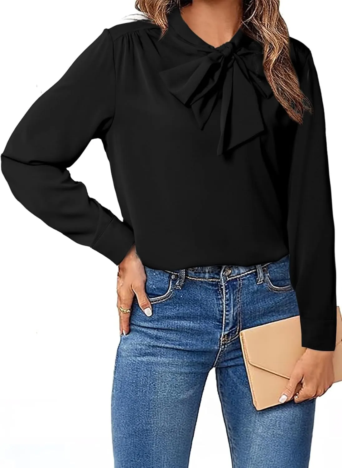 Astylish Women's Bow Tie Neck Long Sleeve Dressy Elegant Office Work Blouse Shirt Tops