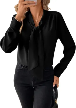 Astylish Women's Bow Tie Neck Long Sleeve Dressy Elegant Office Work Blouse Shirt Tops