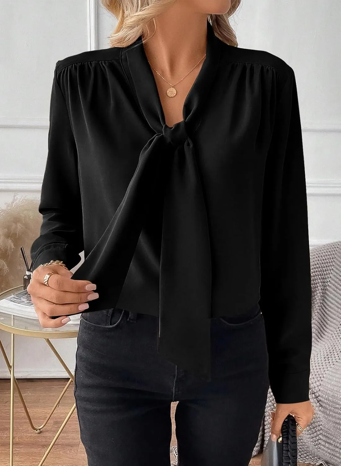 Astylish Women's Bow Tie Neck Long Sleeve Dressy Elegant Office Work Blouse Shirt Tops