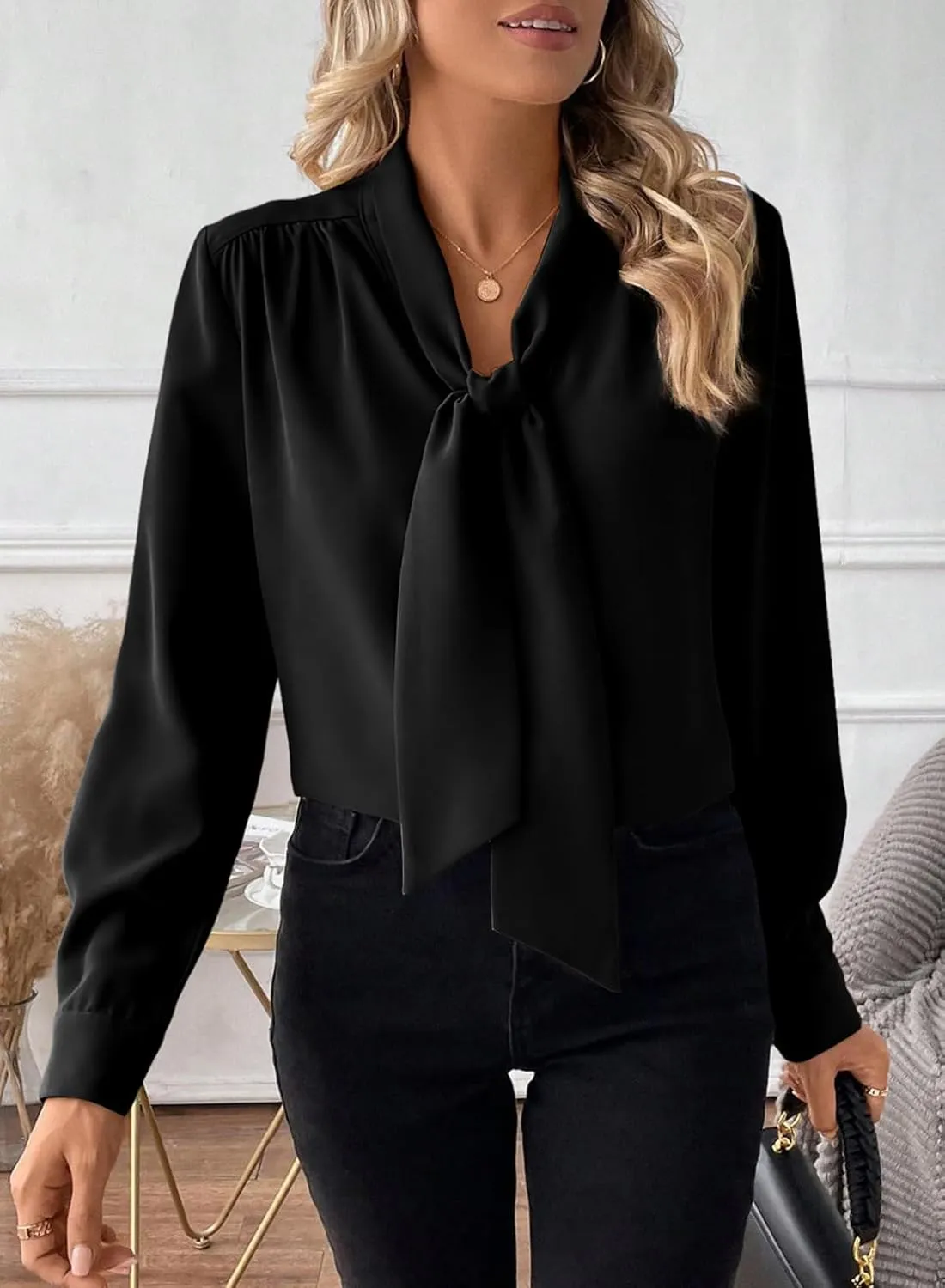 Astylish Women's Bow Tie Neck Long Sleeve Dressy Elegant Office Work Blouse Shirt Tops
