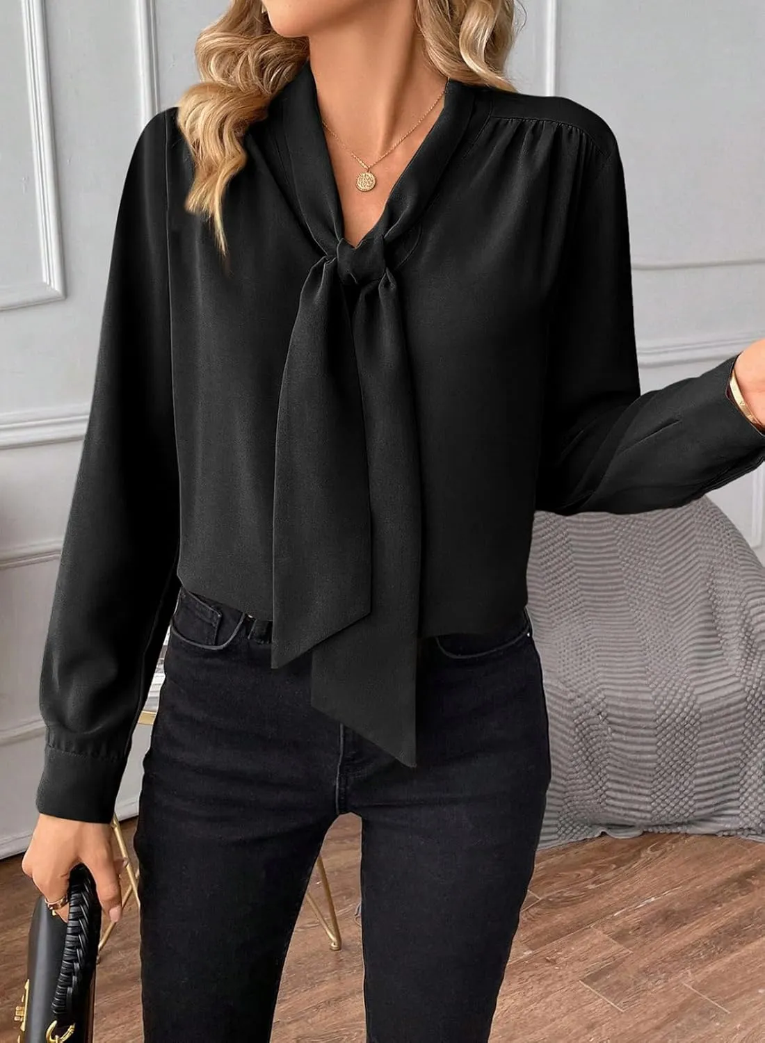 Astylish Women's Bow Tie Neck Long Sleeve Dressy Elegant Office Work Blouse Shirt Tops