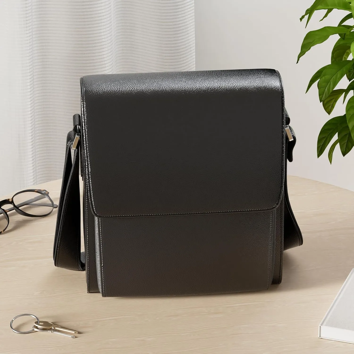Augus Leather Messenger Shoulder Crossbody Bag for Men Work Business Vintage Magnetic Buckle Big Capacity Adjustable straps