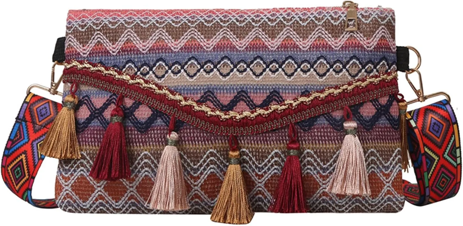AuSion Bohemian Style Crossbody Bag with Tassels, Crossbody Shoulder Bag for Beach Travel