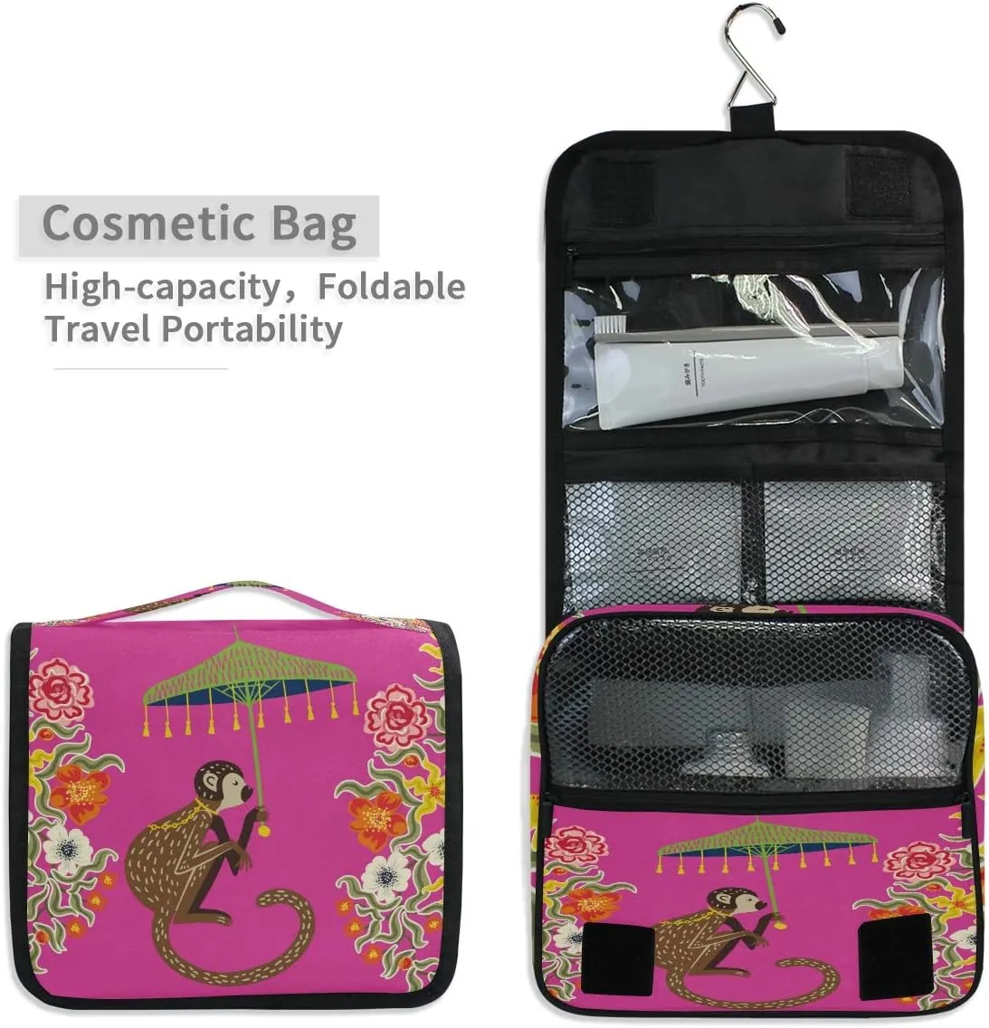AUUXVA Travel Toiletry Bag Retro Chinoiserie Monkey Flower Cosmetic Organizer Bag Hanging Makeup Bag with Zipper Pocket and Handle, Portable Wash Bag for Women Men Girls