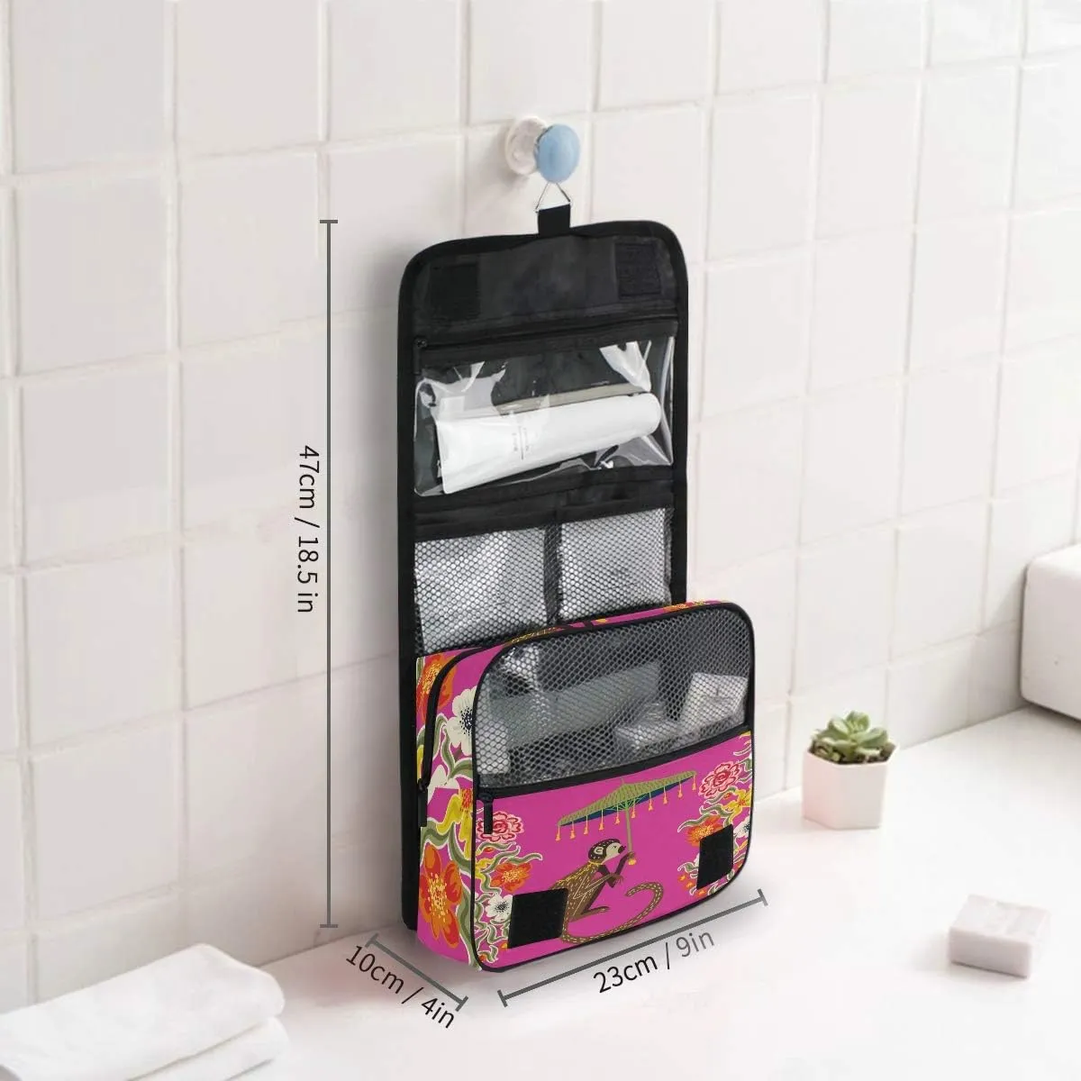 AUUXVA Travel Toiletry Bag Retro Chinoiserie Monkey Flower Cosmetic Organizer Bag Hanging Makeup Bag with Zipper Pocket and Handle, Portable Wash Bag for Women Men Girls
