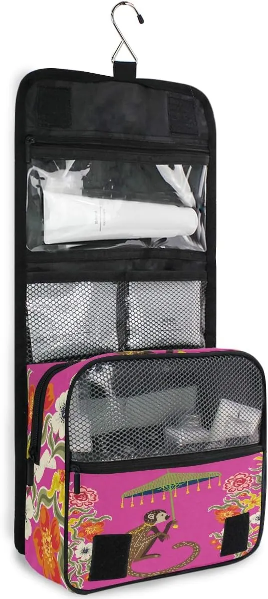 AUUXVA Travel Toiletry Bag Retro Chinoiserie Monkey Flower Cosmetic Organizer Bag Hanging Makeup Bag with Zipper Pocket and Handle, Portable Wash Bag for Women Men Girls