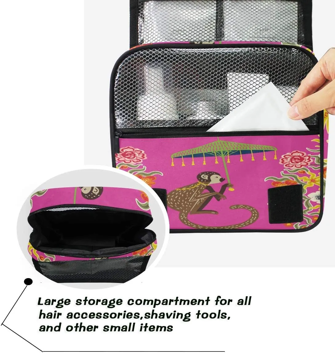 AUUXVA Travel Toiletry Bag Retro Chinoiserie Monkey Flower Cosmetic Organizer Bag Hanging Makeup Bag with Zipper Pocket and Handle, Portable Wash Bag for Women Men Girls