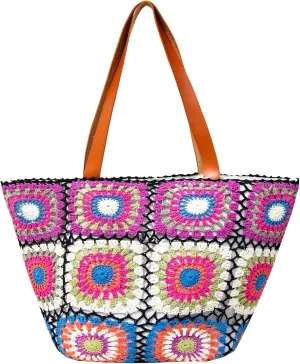 Back From Bali Womens 100% Cotton Hand Crochet Large Bucket Tote Bag Artisan Granny Square Lined Zipper Closure