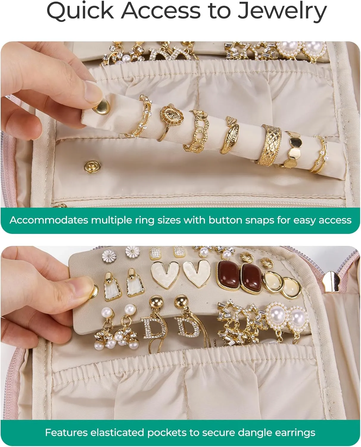 BAGSMART Travel Jewelry Case Jewelry Organizers and Storage Earings Holder Organizer for Women Necklace Holder Jewelry Rolls for Necklaces, Earrings, Bracelets-Beige