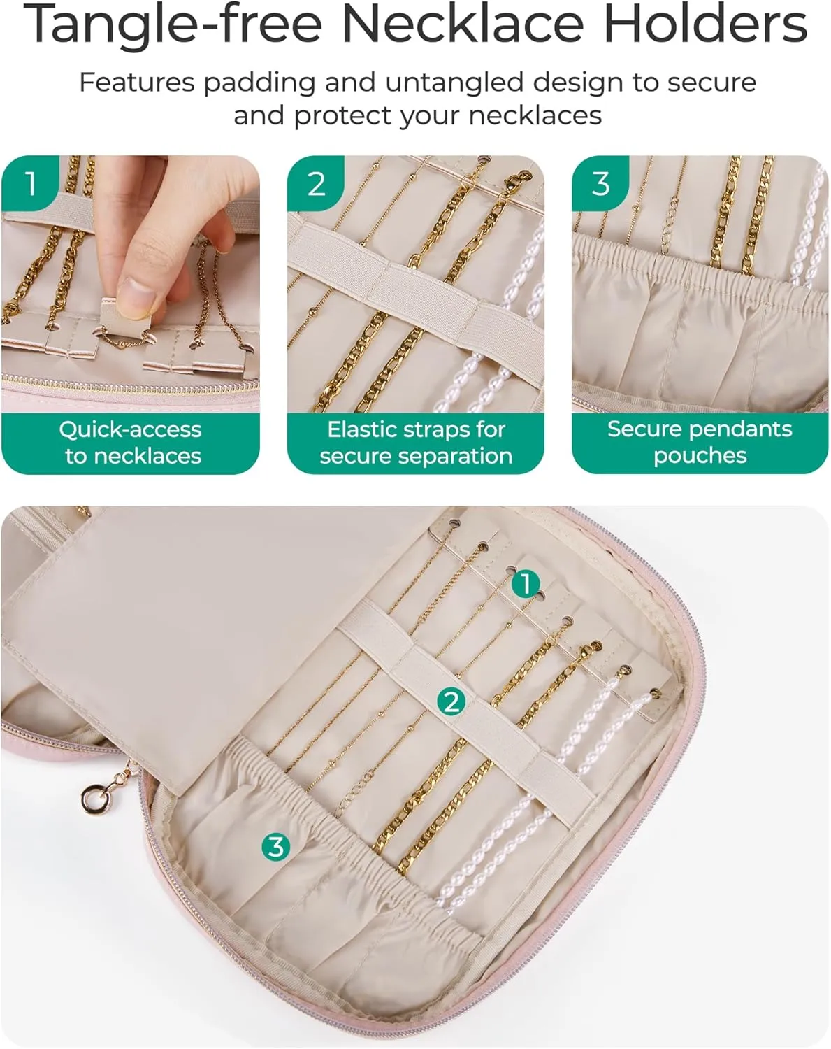BAGSMART Travel Jewelry Case Jewelry Organizers and Storage Earings Holder Organizer for Women Necklace Holder Jewelry Rolls for Necklaces, Earrings, Bracelets-Beige