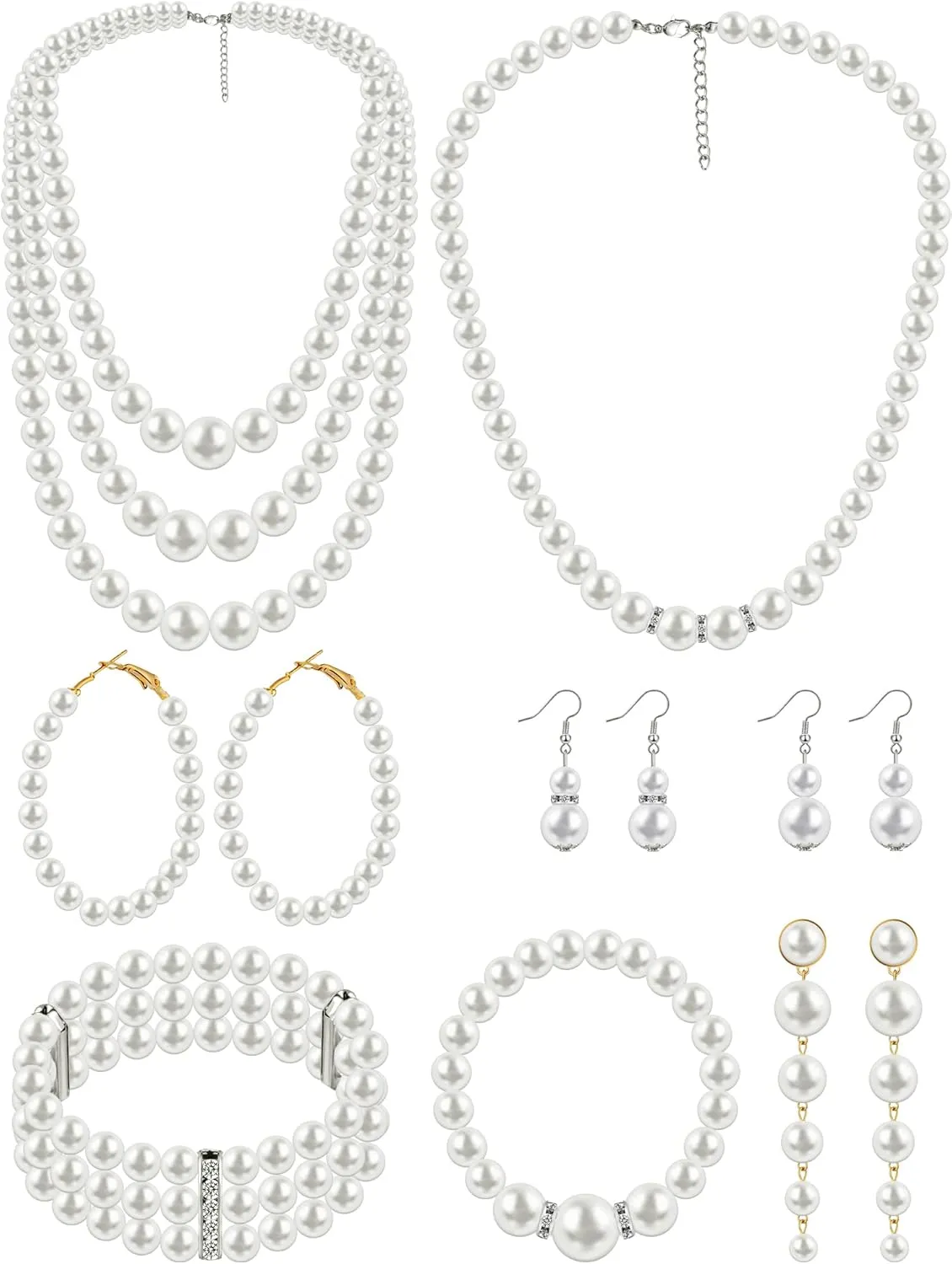 BBTO 8 Pcs Pearl Necklace and Earrings Set for Women Faux Pearl Bracelets Costume Jewelry Set for Wedding Bridal Shower Birthdays Anniversary Dance Balls Graduation Party Teacher Nurse Gifts