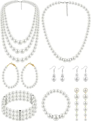 BBTO 8 Pcs Pearl Necklace and Earrings Set for Women Faux Pearl Bracelets Costume Jewelry Set for Wedding Bridal Shower Birthdays Anniversary Dance Balls Graduation Party Teacher Nurse Gifts