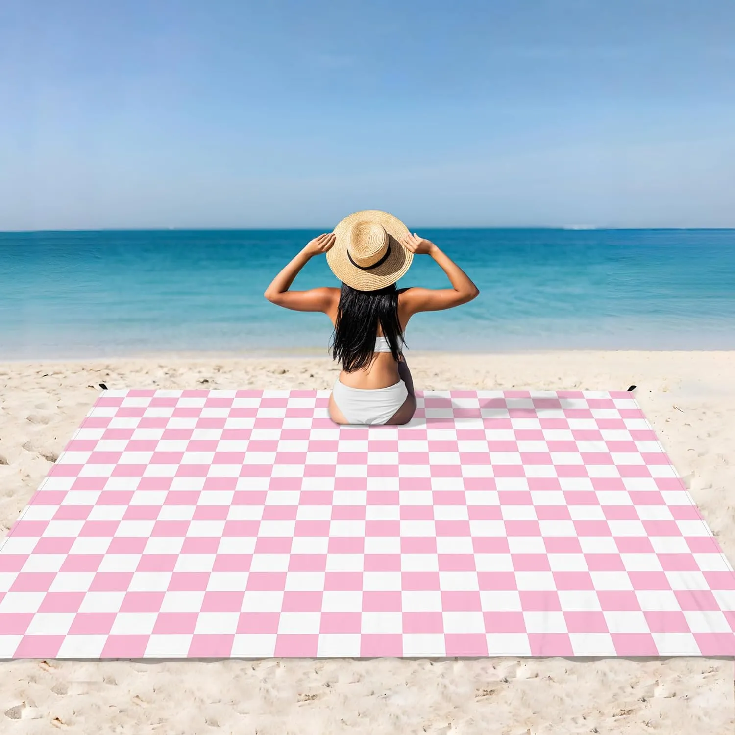 Beach Blanket Waterproof Sandproof, 9 Ft X 10 Ft Extra Large Sand Free Beach Mat, Big Compact Lightweight Quick Drying Picnic Blanket with 4 Stakes & Pockets for Camping, Travel, Hiking