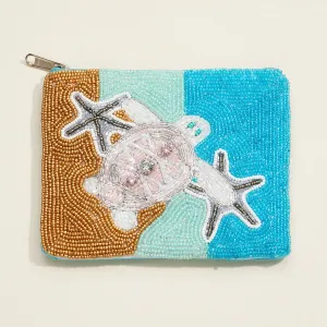 Beaded Sea Turtle Coin Purse – Ocean Beach-Themed Zip Pouch with Starfish & Sand Design for Travel & Everyday Use