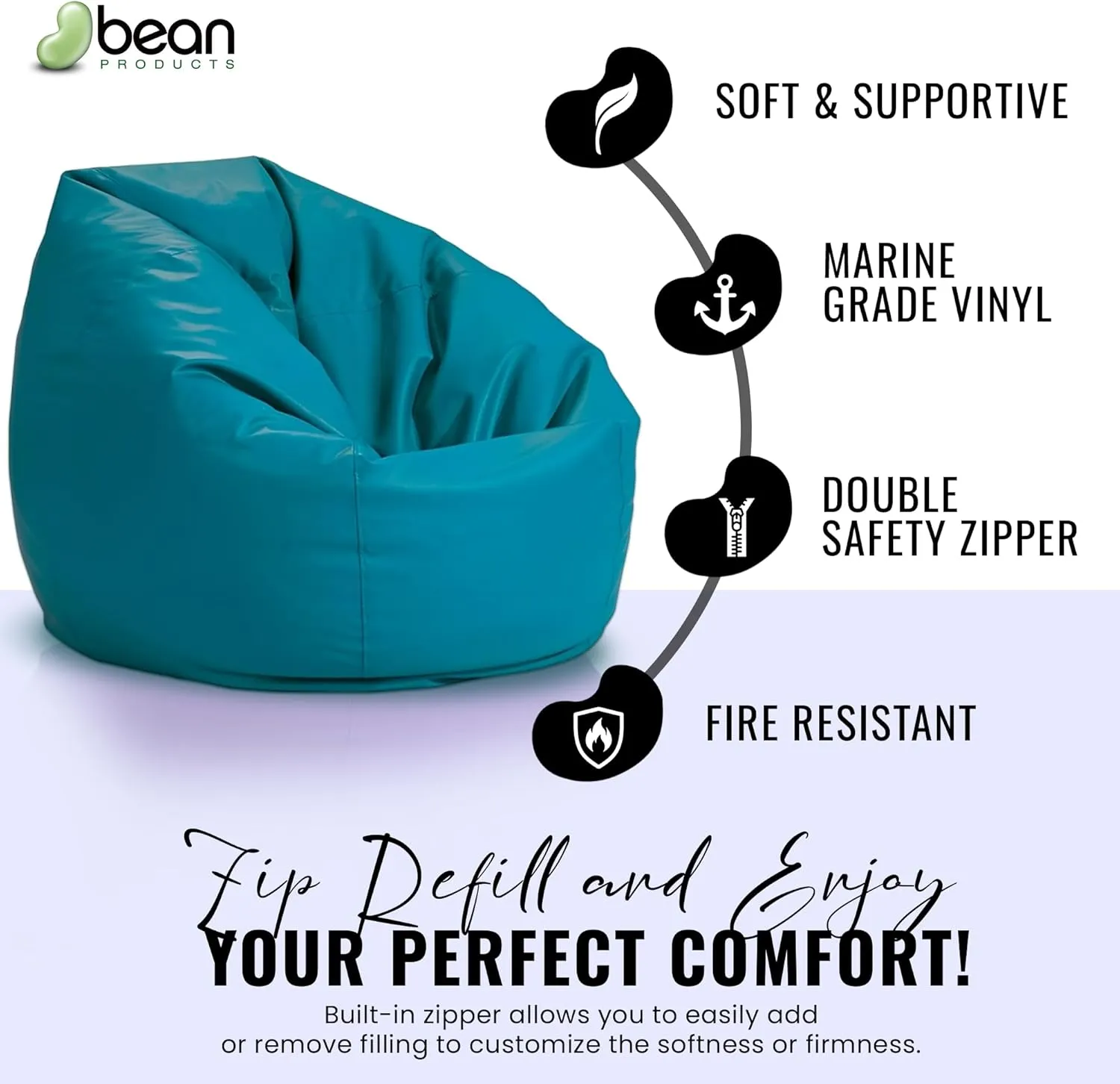 Bean Products Vinyl Marine Boat Bean Bag Chair Cover - Retro Style Weatherproof Lazy Sofa Cover for Adults - Washable Bean Bag Cover Without Fill - Comfortable Small Bean Bag, 33x31x20 - Black