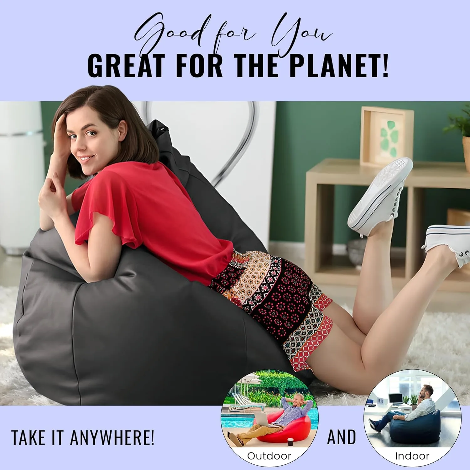 Bean Products Vinyl Marine Boat Bean Bag Chair Cover - Retro Style Weatherproof Lazy Sofa Cover for Adults - Washable Bean Bag Cover Without Fill - Comfortable Small Bean Bag, 33x31x20 - Black