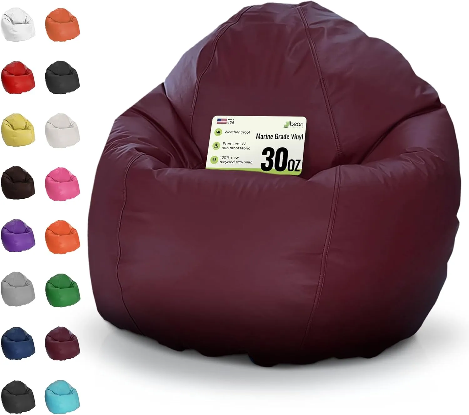 Bean Products WATERPROOF SMALL VINYL MARINE GRADE BOAT BEAN BAG CHAIR | Filled w/Polystyrene Beads & CertiPUR Foam | Made in USA | 31”W, 33”L, 20”H | 15lb | Perfect for Adults, Teens & Kids | BURGUNDY