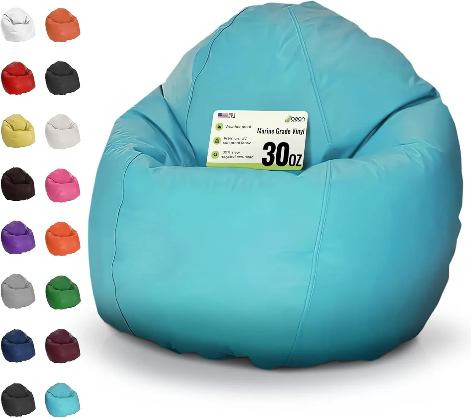 Bean Products Waterproof Small Vinyl Marine Grade Boat Bean Bag Chair | Filled w/Polystyrene Beads & CertiPUR Foam | Made in USA | 31”W, 33”L, 20”H | 15lb | Perfect for Teens & Kids | Aqua