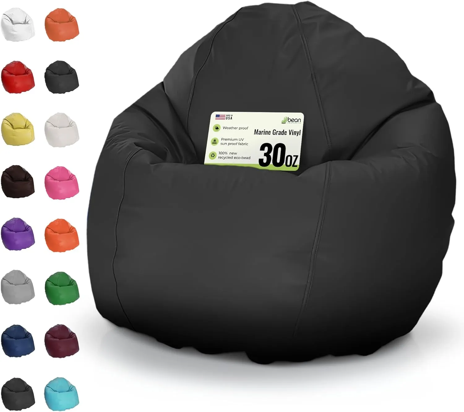 Bean Products Waterproof Small Vinyl Marine Grade Boat Bean Bag Chair | Filled w/Polystyrene Beads & CertiPUR Foam | Made in USA | 31”W, 33”L, 20”H | 15lb | Perfect for Teens & Kids | Black
