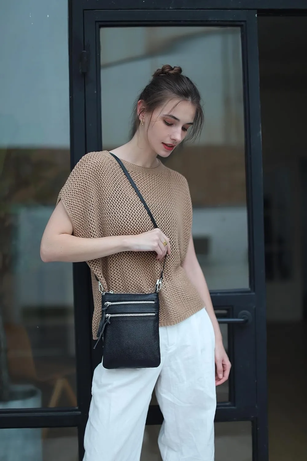 befen Small Genuine Leather Crossbody Purses for Women Trendy Travel Shoulder Handbags with Multiple Zipper Pockets