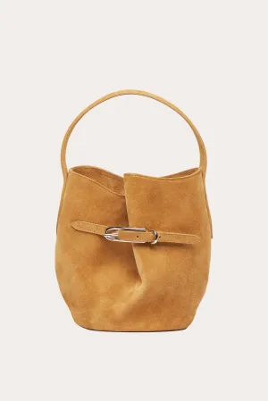 Belted Bucket Mini Bag, Beige Suede