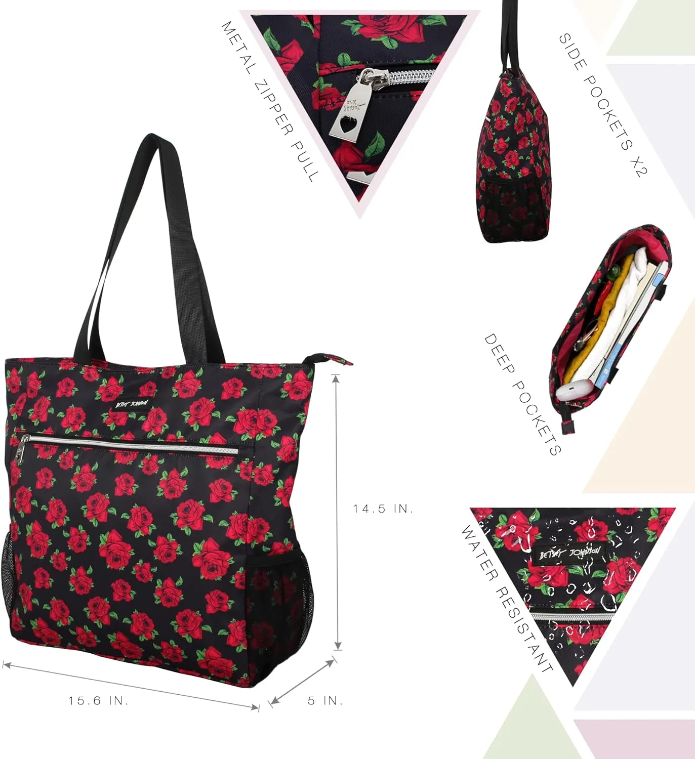 Betsey Johnson 15.6 Inch Zipper Beach Tote Bag Lightweight Large Durable Polyester with Mesh Side Pockets for Gym Work