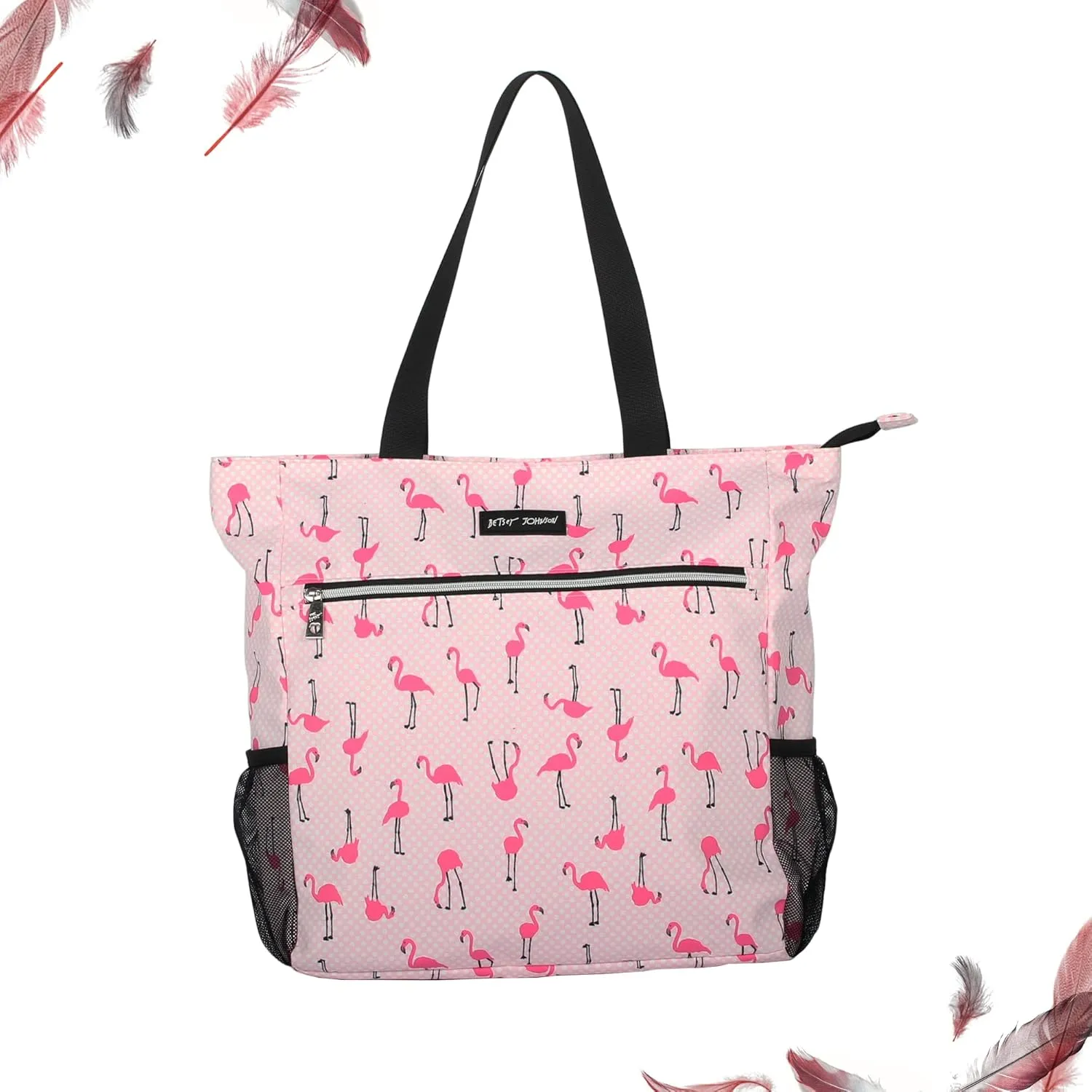Betsey Johnson 15.6 Inch Zipper Beach Tote Bag Lightweight Large Durable Polyester with Mesh Side Pockets for Gym Work