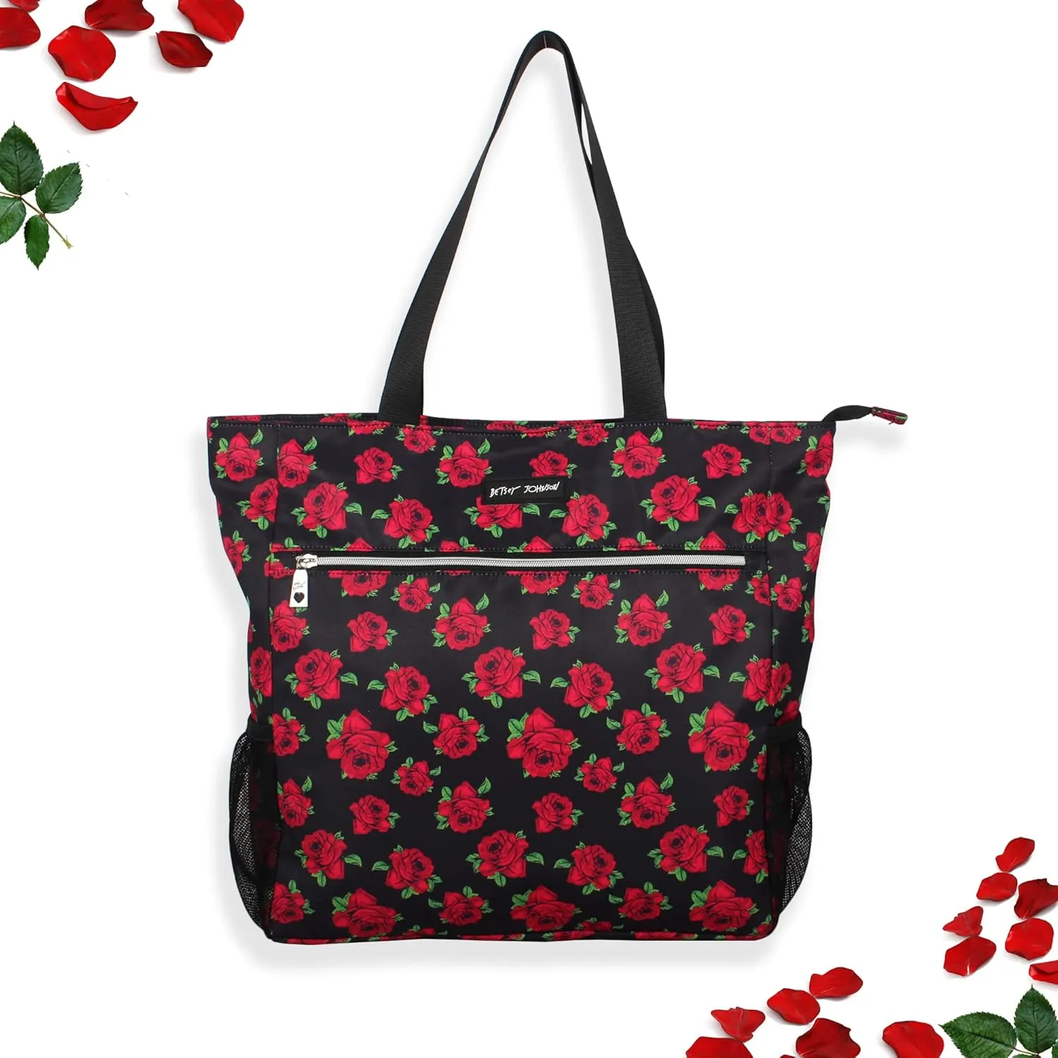Betsey Johnson 15.6 Inch Zipper Beach Tote Bag Lightweight Large Durable Polyester with Mesh Side Pockets for Gym Work
