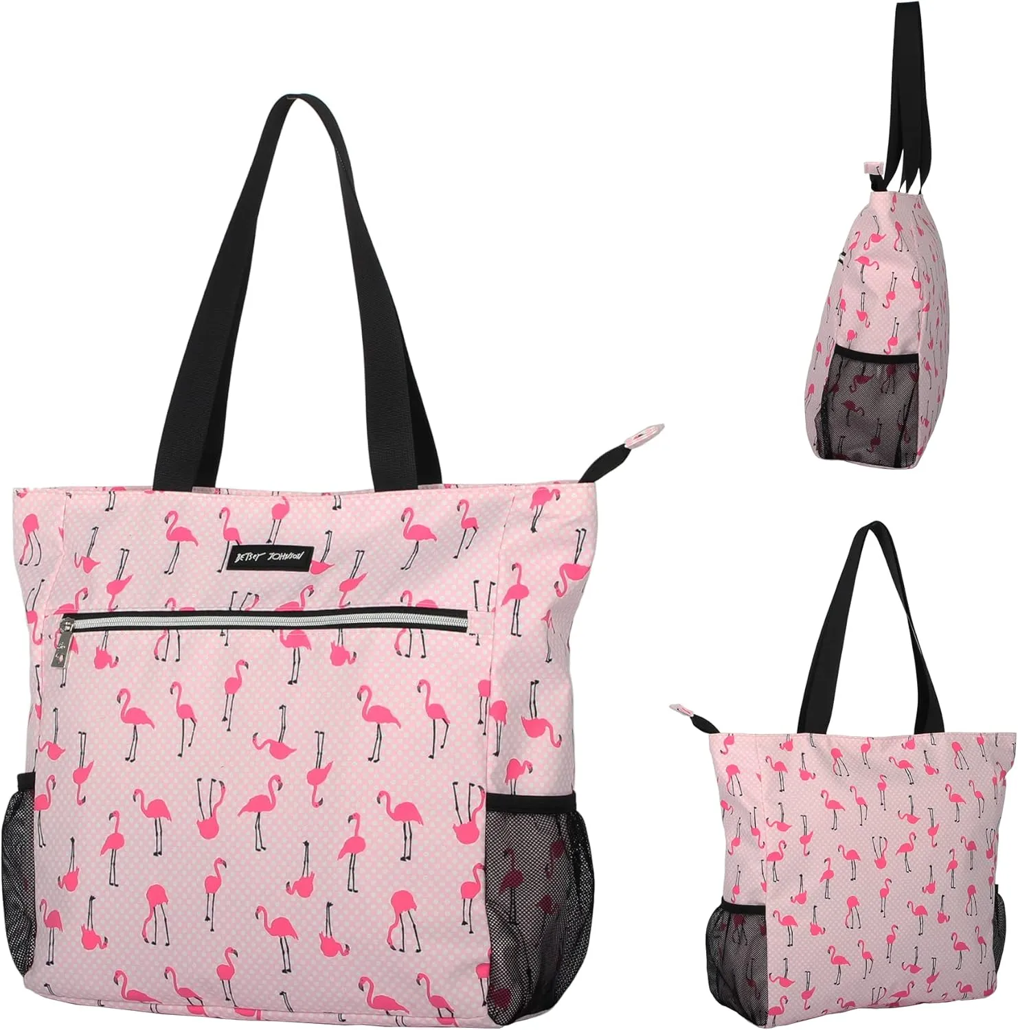 Betsey Johnson 15.6 Inch Zipper Beach Tote Bag Lightweight Large Durable Polyester with Mesh Side Pockets for Gym Work
