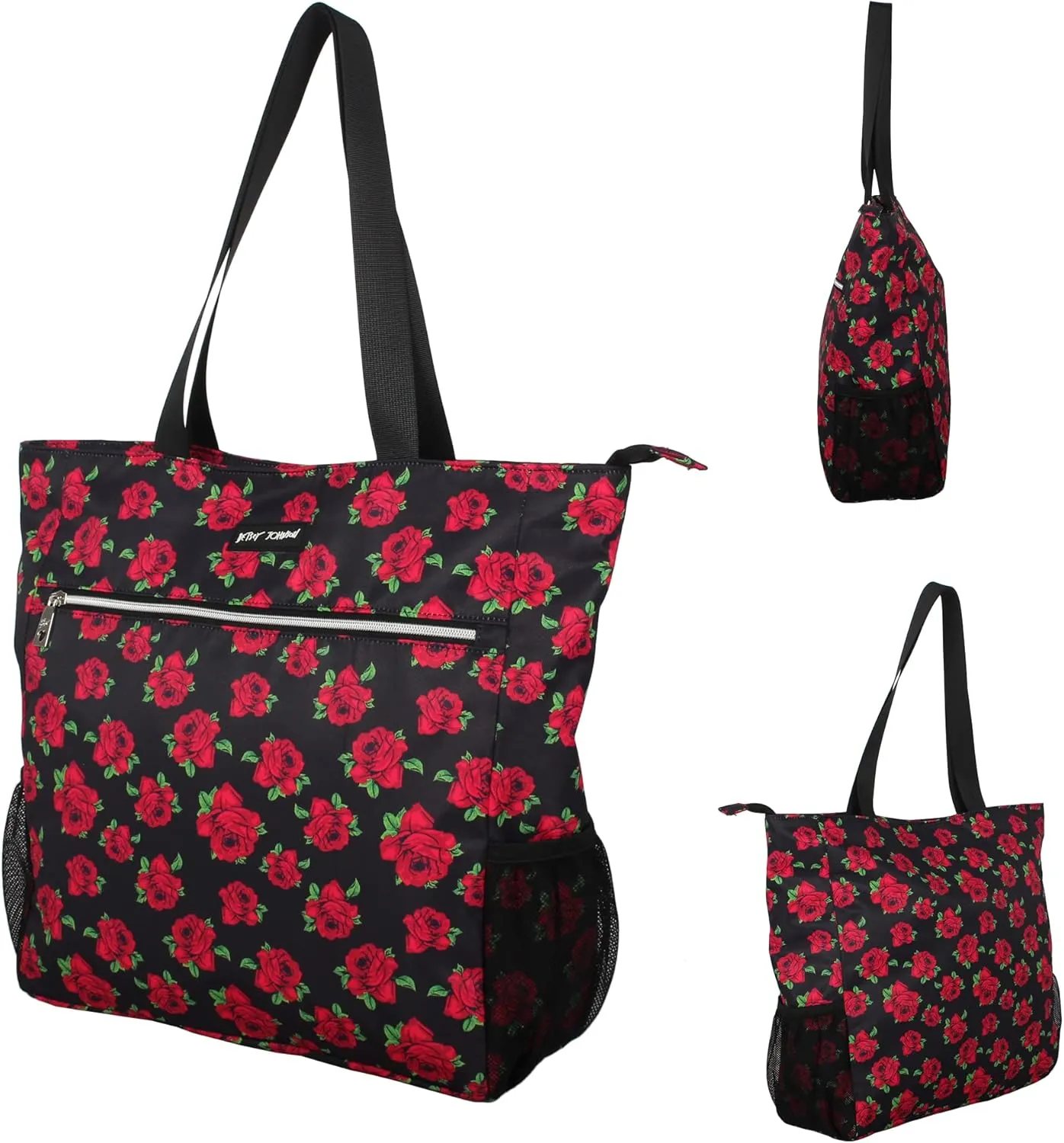 Betsey Johnson 15.6 Inch Zipper Beach Tote Bag Lightweight Large Durable Polyester with Mesh Side Pockets for Gym Work