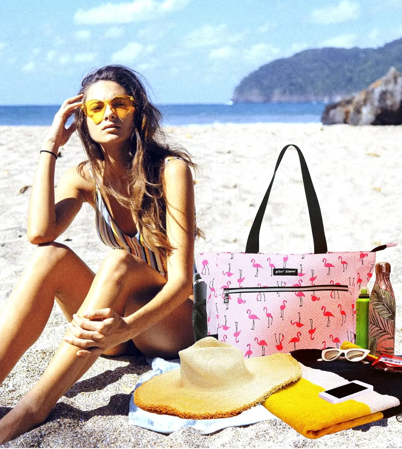Betsey Johnson 15.6 Inch Zipper Beach Tote Bag Lightweight Large Durable Polyester with Mesh Side Pockets for Gym Work
