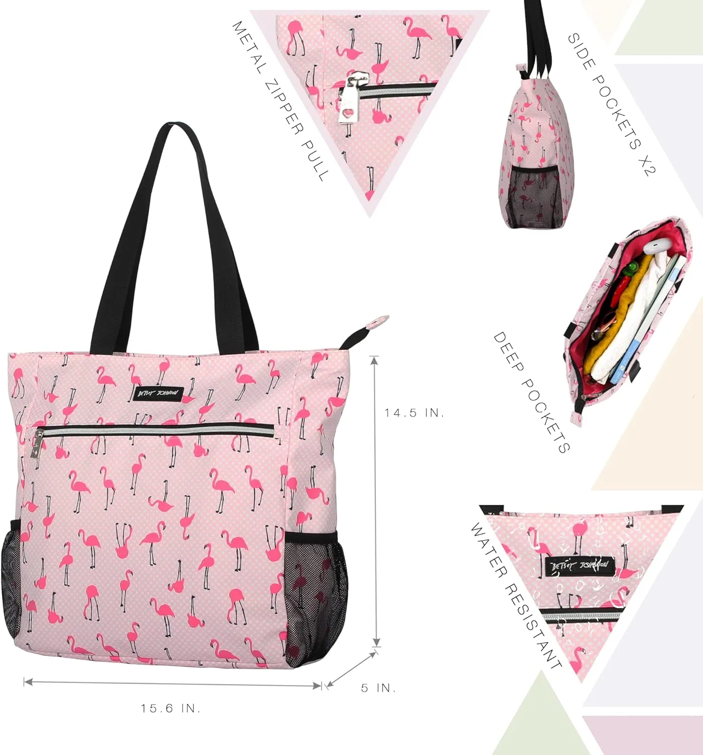 Betsey Johnson 15.6 Inch Zipper Beach Tote Bag Lightweight Large Durable Polyester with Mesh Side Pockets for Gym Work