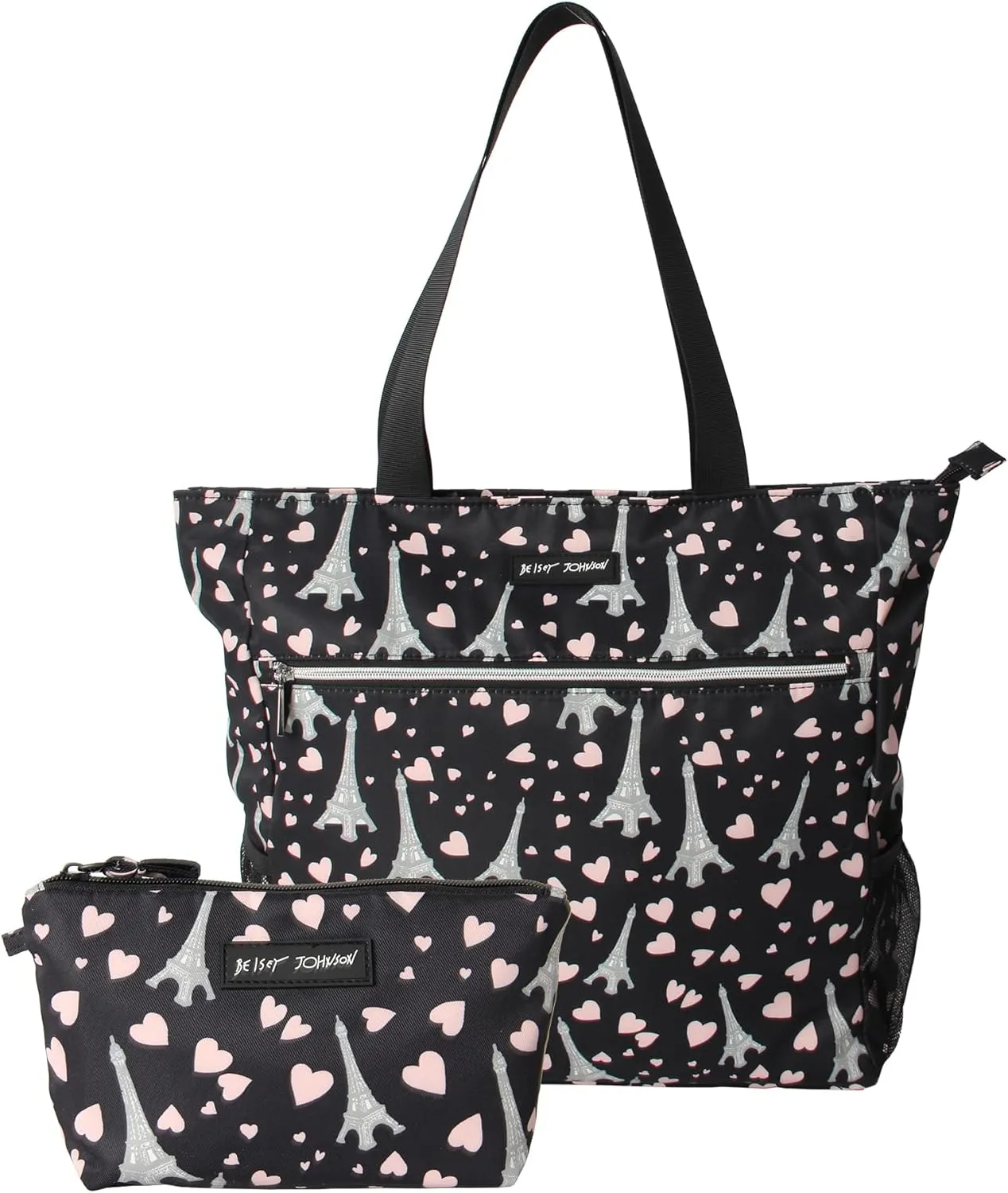 Betsey Johnson 15.6 Inch Zipper Beach Tote Bag Lightweight Large Durable Polyester with Mesh Side Pockets for Gym Work