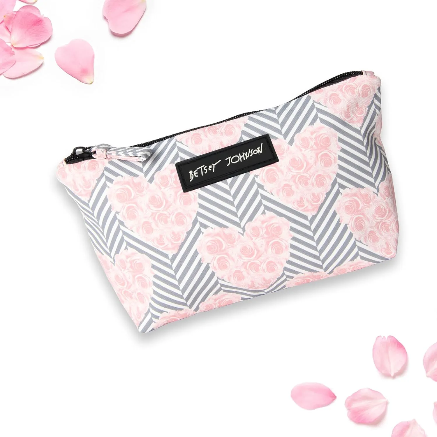 Betsey Johnson 8.5 Inch Zipper Cosmetic Pouch Small Toiletry Bag Lightweight Durable Polyester Organizer with Inner Zipped Pocket Good For Makeup Accessories and Travel Needs (Chevron Hearts)