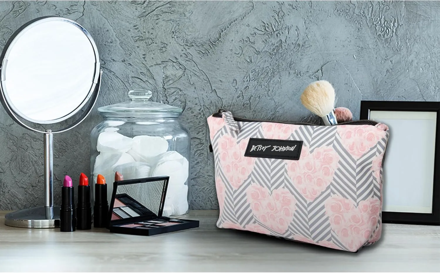 Betsey Johnson 8.5 Inch Zipper Cosmetic Pouch Small Toiletry Bag Lightweight Durable Polyester Organizer with Inner Zipped Pocket Good For Makeup Accessories and Travel Needs (Chevron Hearts)