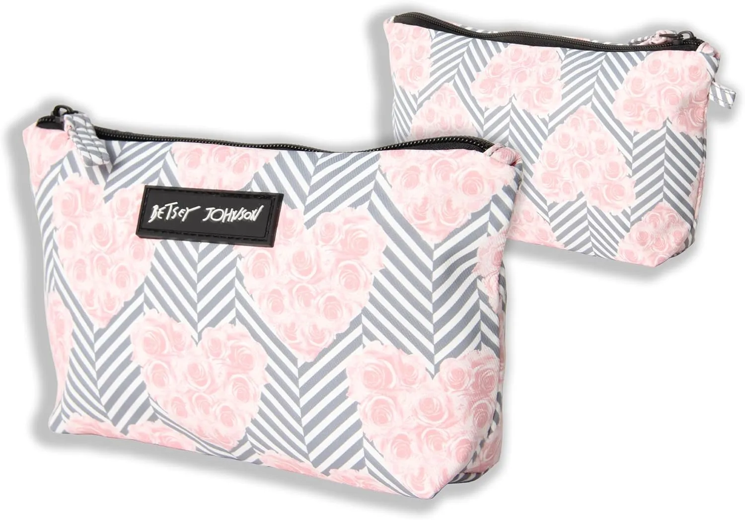 Betsey Johnson 8.5 Inch Zipper Cosmetic Pouch Small Toiletry Bag Lightweight Durable Polyester Organizer with Inner Zipped Pocket Good For Makeup Accessories and Travel Needs (Chevron Hearts)