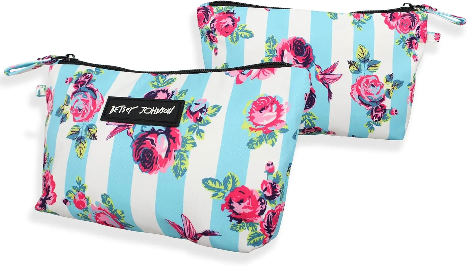 Betsey Johnson 8.5 Inch Zipper Cosmetic Pouch Small Toiletry Bag Lightweight Durable Polyester Organizer with Inner Zipped Pocket Good For Makeup Accessories and Travel Needs (Hummingbird Floral)