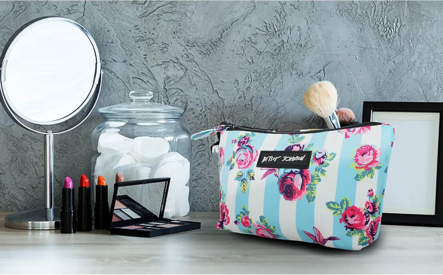 Betsey Johnson 8.5 Inch Zipper Cosmetic Pouch Small Toiletry Bag Lightweight Durable Polyester Organizer with Inner Zipped Pocket Good For Makeup Accessories and Travel Needs (Hummingbird Floral)