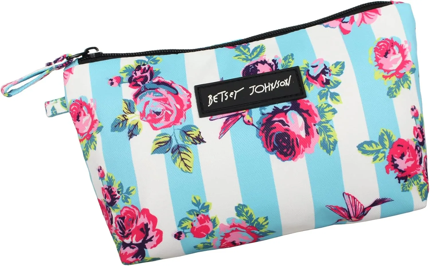 Betsey Johnson 8.5 Inch Zipper Cosmetic Pouch Small Toiletry Bag Lightweight Durable Polyester Organizer with Inner Zipped Pocket Good For Makeup Accessories and Travel Needs (Hummingbird Floral)