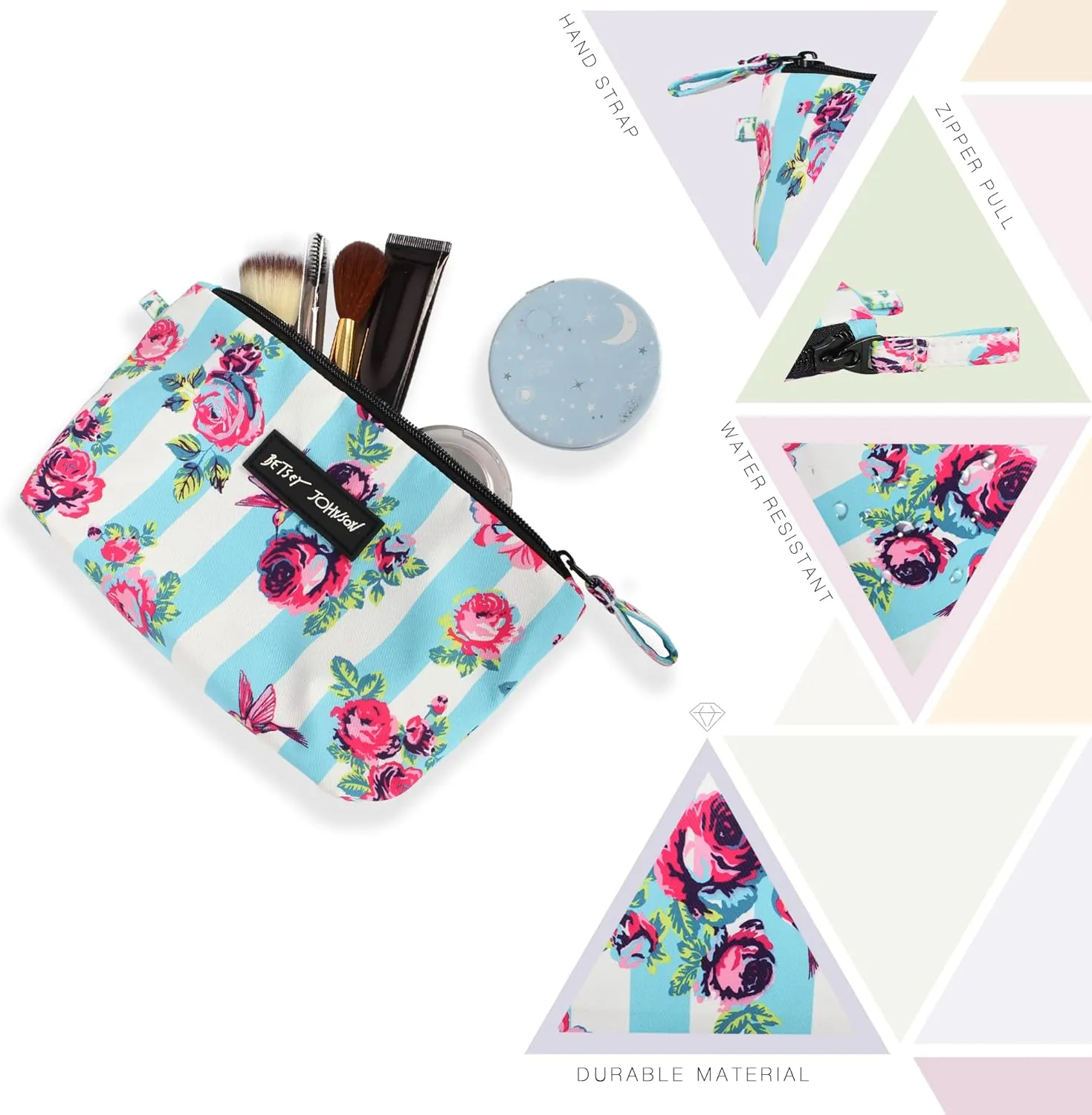 Betsey Johnson 8.5 Inch Zipper Cosmetic Pouch Small Toiletry Bag Lightweight Durable Polyester Organizer with Inner Zipped Pocket Good For Makeup Accessories and Travel Needs (Hummingbird Floral)