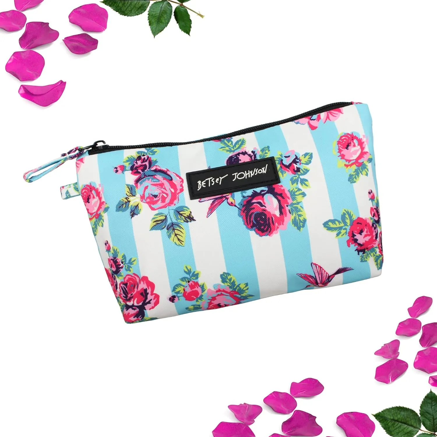 Betsey Johnson 8.5 Inch Zipper Cosmetic Pouch Small Toiletry Bag Lightweight Durable Polyester Organizer with Inner Zipped Pocket Good For Makeup Accessories and Travel Needs (Hummingbird Floral)