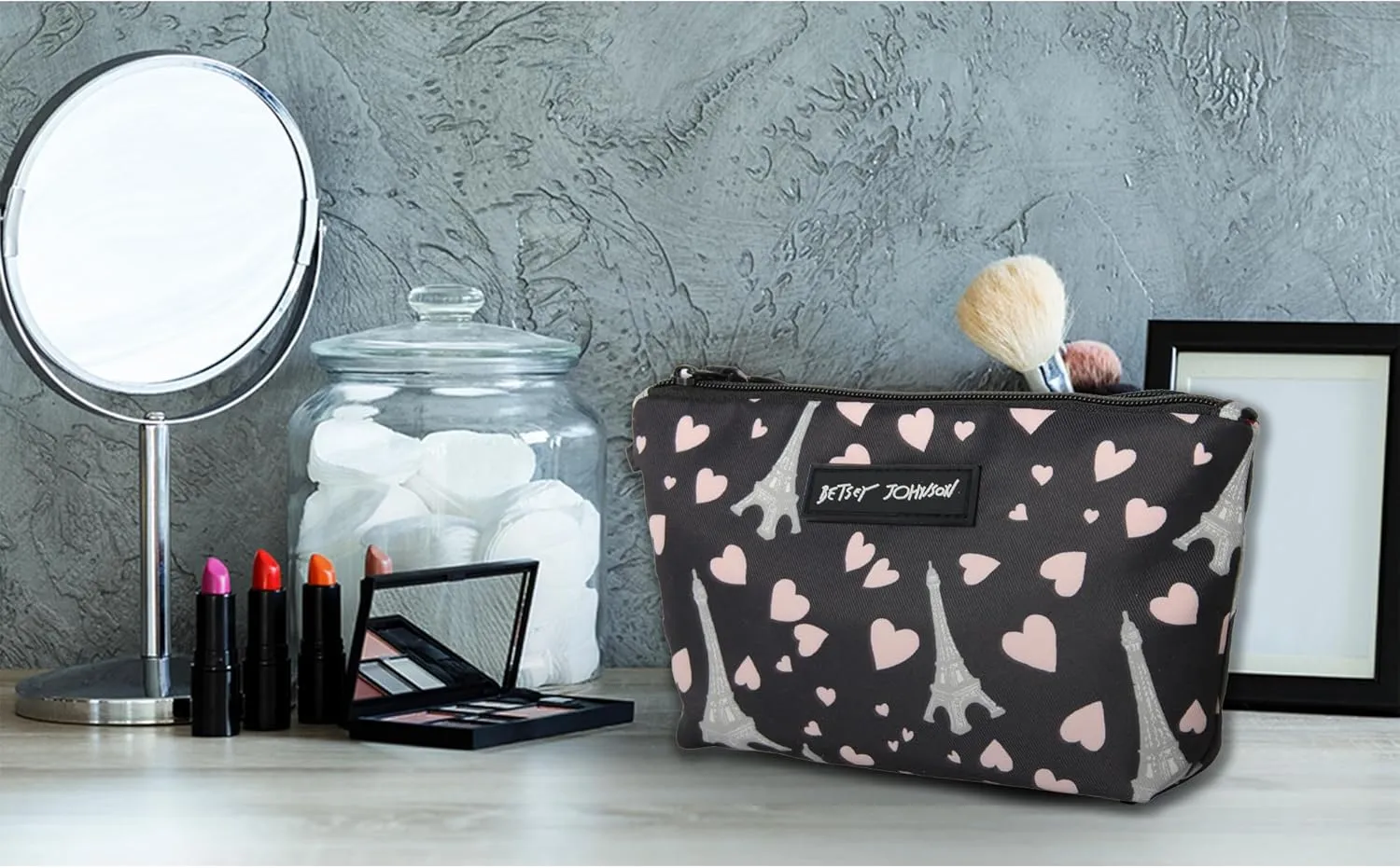 Betsey Johnson 8.5 Inch Zipper Cosmetic Pouch Small Toiletry Bag Lightweight Durable Polyester Organizer with Inner Zipped Pocket Good For Makeup Accessories and Travel Needs (Paris Love)